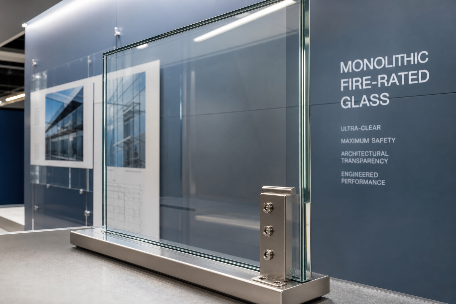 Ultra-clear monolithic fire-rated glass panel with structural brackets